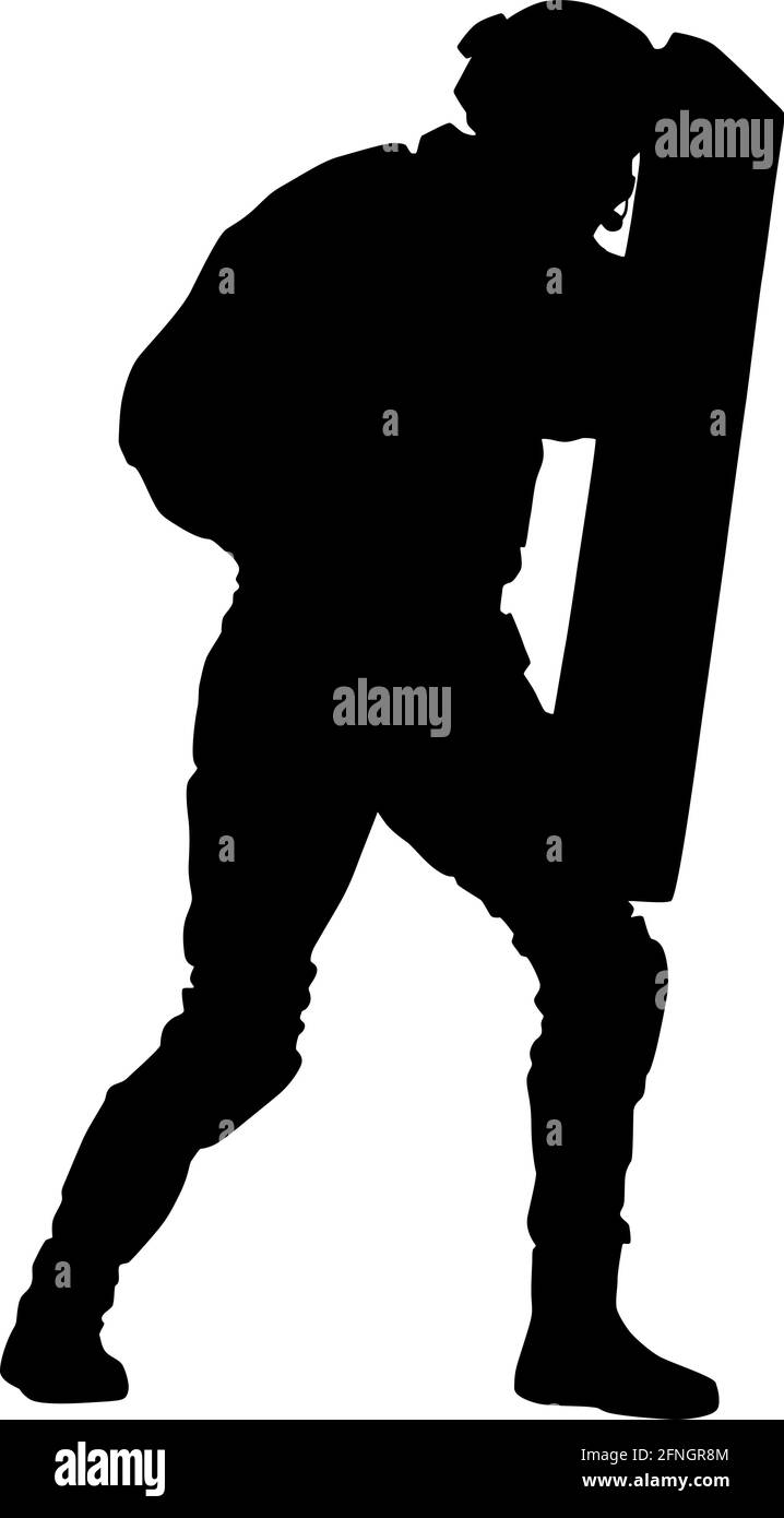 Unità tattica antiterrorismo della polizia, squadra SWAT, ufficiale di controllo della rivolta o della folla in casco e uniformi, coprendosi con una silhouette di scudo antiproiettile o balistico isolato su sfondo bianco Illustrazione Vettoriale