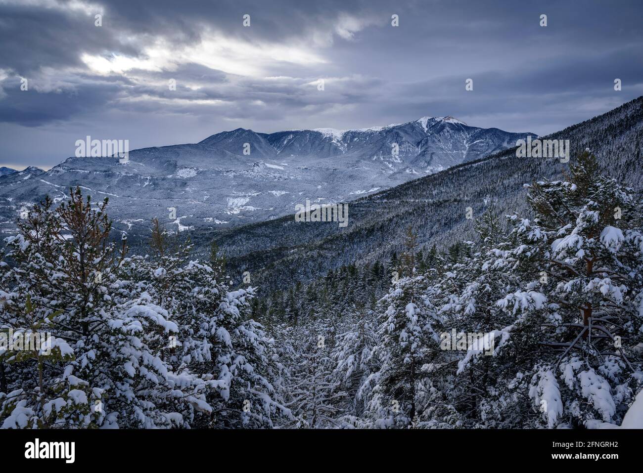 Serra d'Ensija visto dal punto di vista di Grolet dopo una nevicata invernale (Berguedà, Catalogna, Spagna, Pirenei) Foto Stock