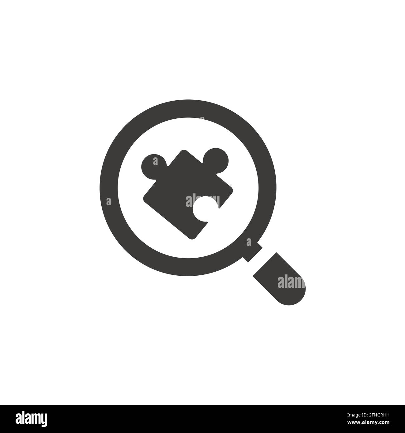 Lente di ingrandimento o lente di ingrandimento con puzzle. Loupe, il simbolo del vettore nero della soluzione aziendale. Illustrazione Vettoriale