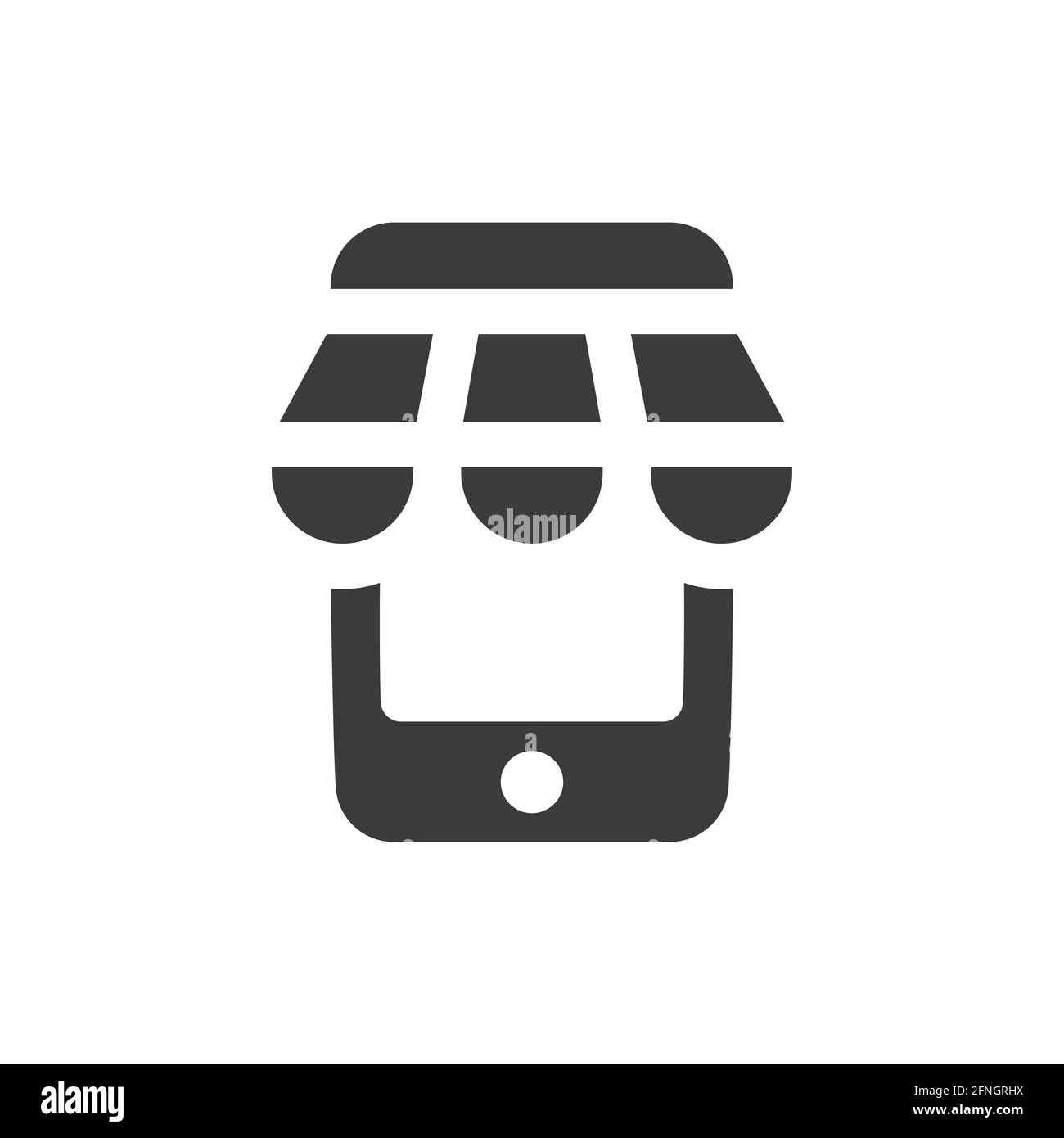 Tenda di fronte al negozio con telefono, icona di shopping online. Simbolo del vettore e commerce o e trade nero. Illustrazione Vettoriale