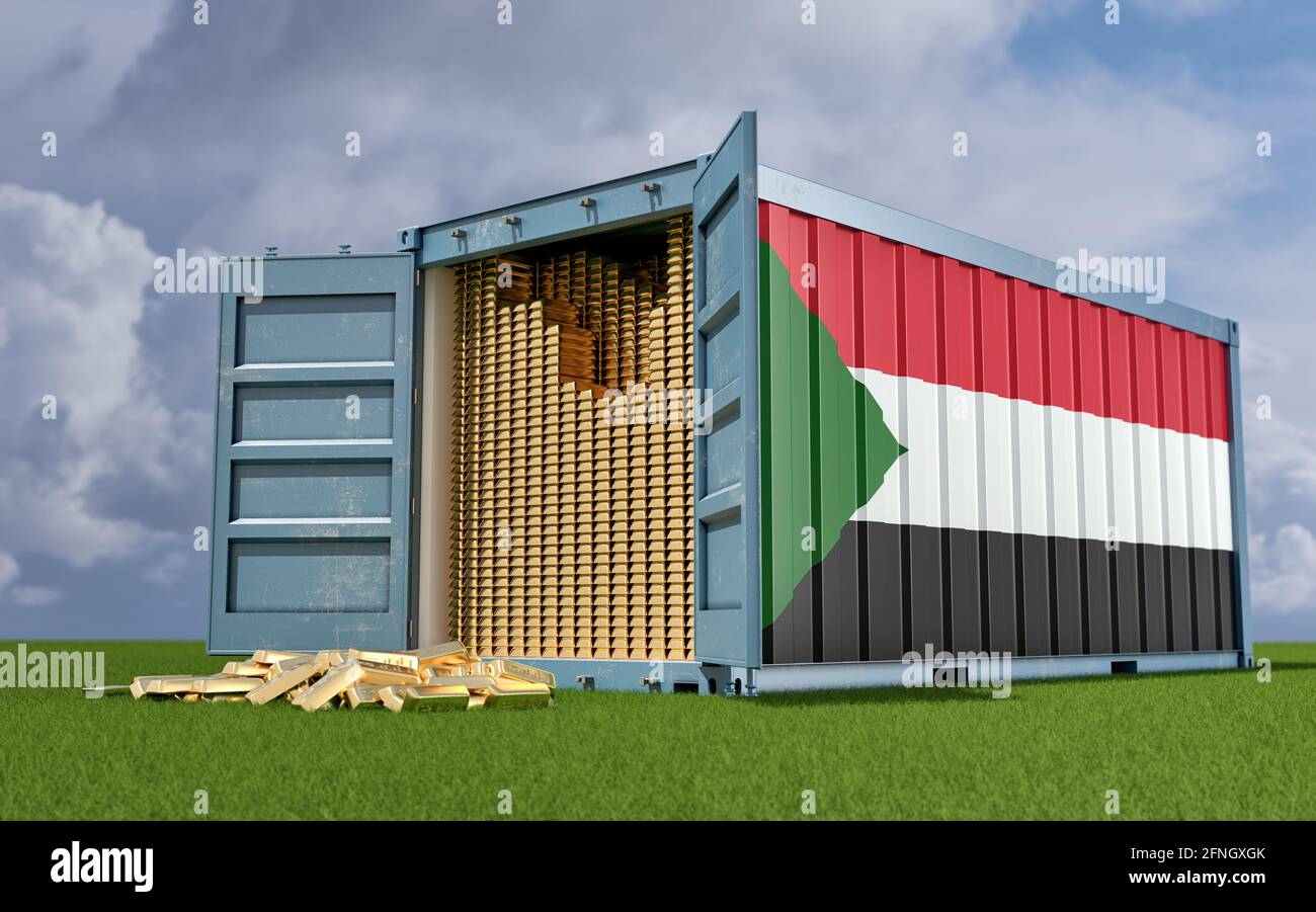Contenitore per trasporto con bandiera Sudan riempito con barre d'oro. Alcune barre d'oro sparse sul terreno - 3D rendering Foto Stock