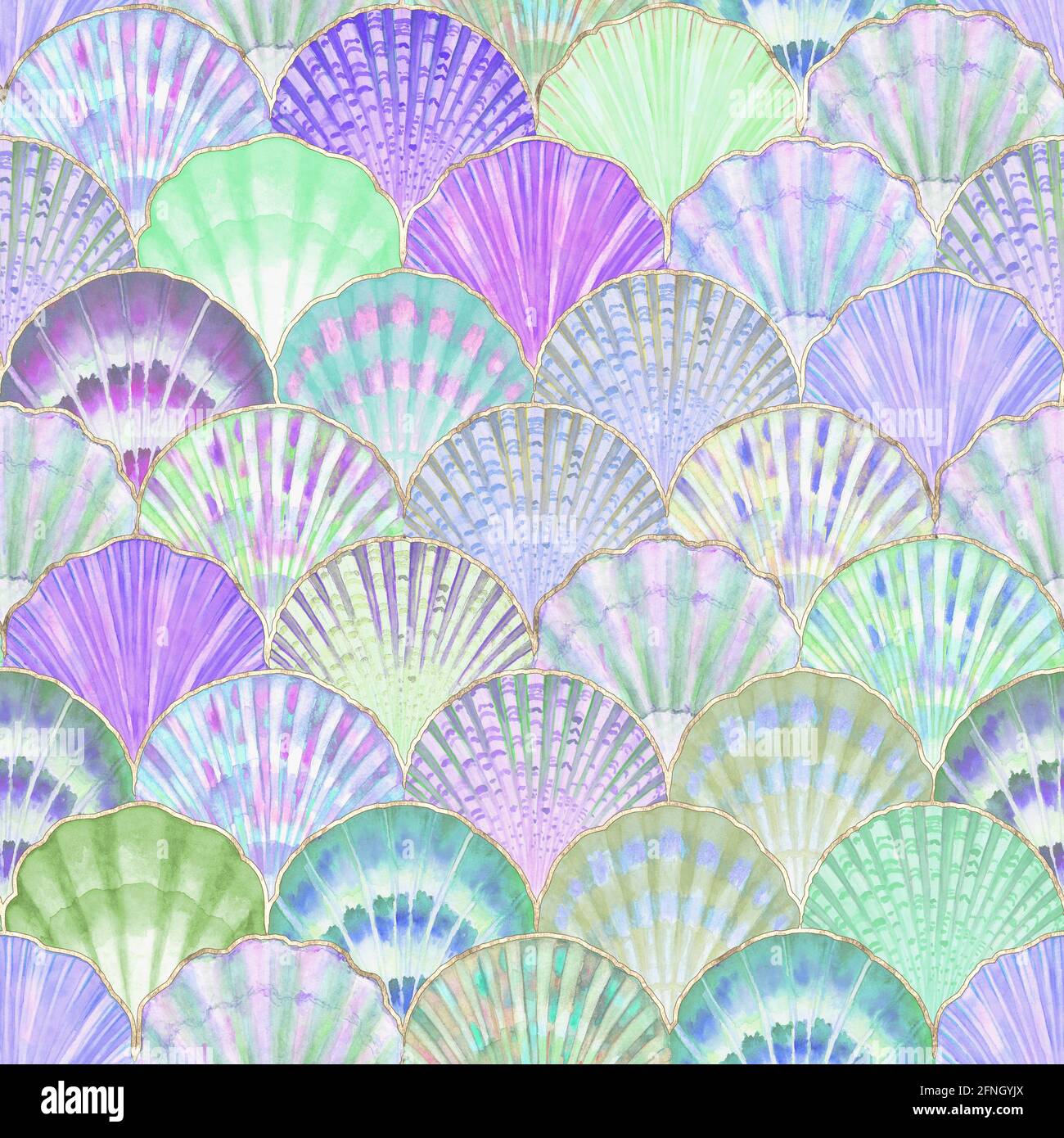 Acquerello mare conchiglia giapponese onde modello senza giunture. Fondale disegnate a mano con texture oceaniche di fondo con linea dorata. Illustrazione marina acquerello. Foto Stock