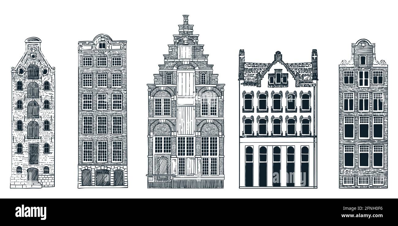 Edifici della città vecchia di Amsterdam isolati su sfondo bianco. Illustrazione dello schizzo del doodle vettoriale. Viaggia verso i Paesi Bassi con elementi di design disegnati a mano Illustrazione Vettoriale