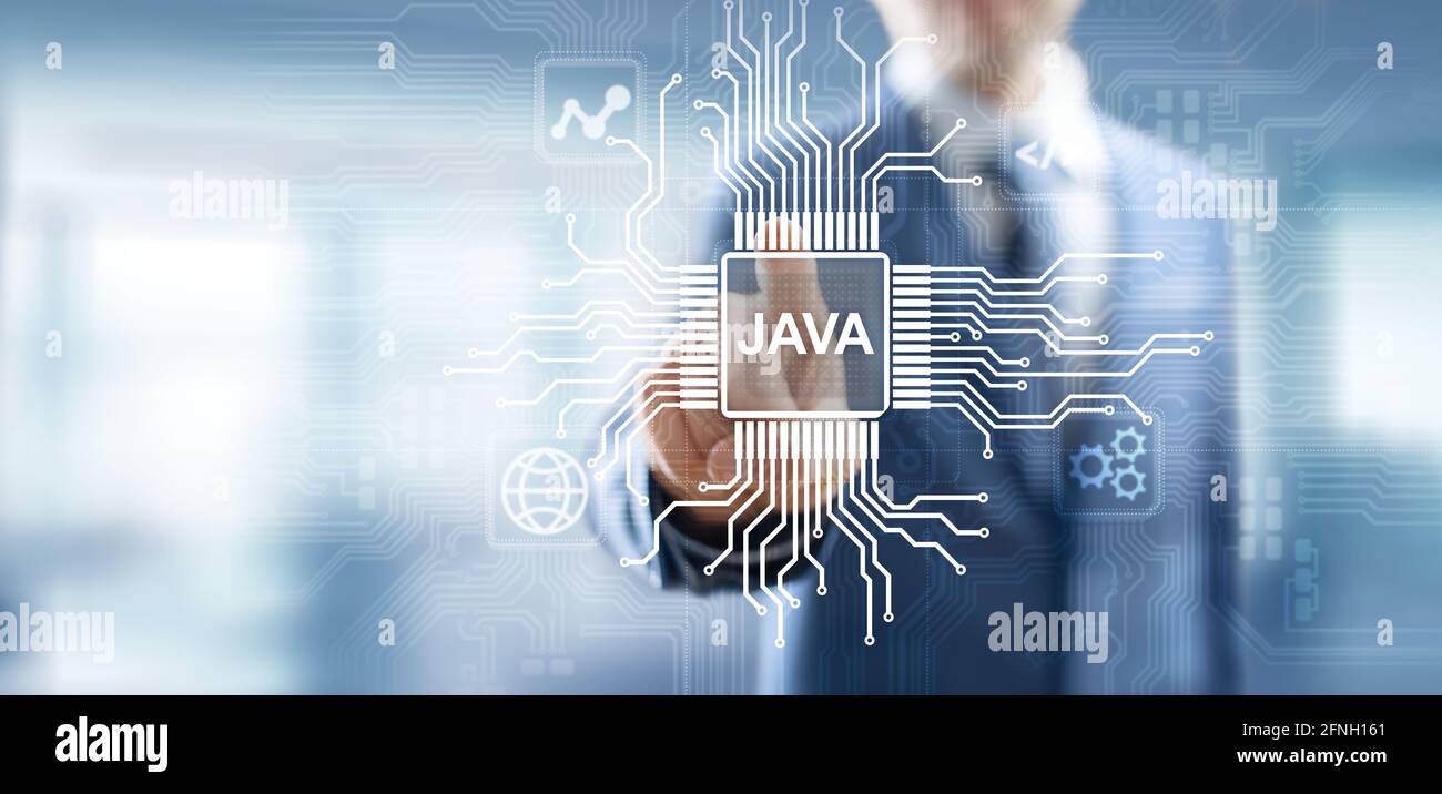 Applicazione del linguaggio di programmazione Java e concetto di sviluppo Web su schermo virtuale Foto Stock