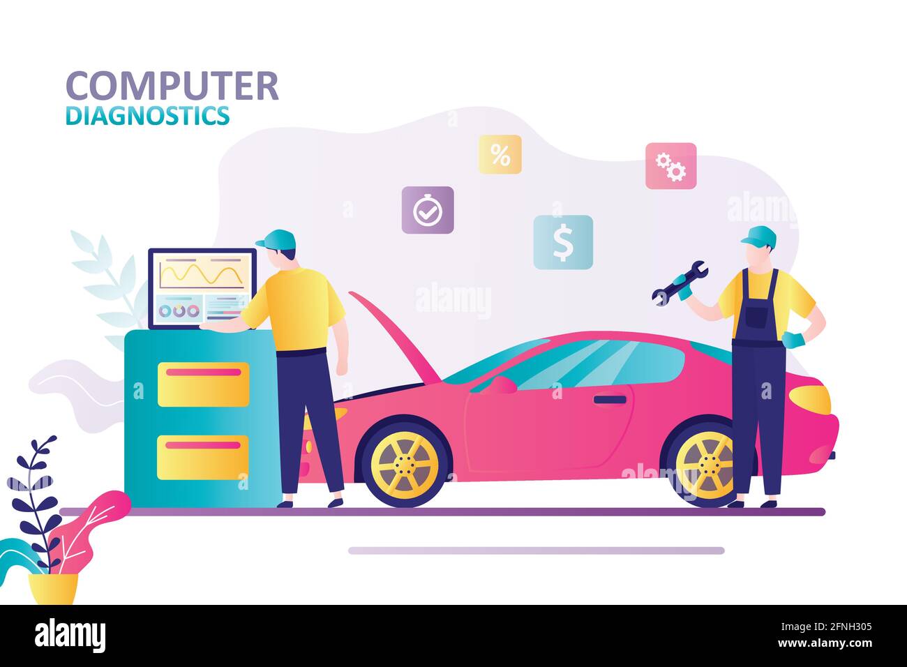 Tecnico automobilistico qualificato che fa la diagnostica del calcolatore dell'automobile. I supporti di carattere maschio con lavoro di chiave nel servizio meccanico di automobile. Riparazione auto Illustrazione Vettoriale