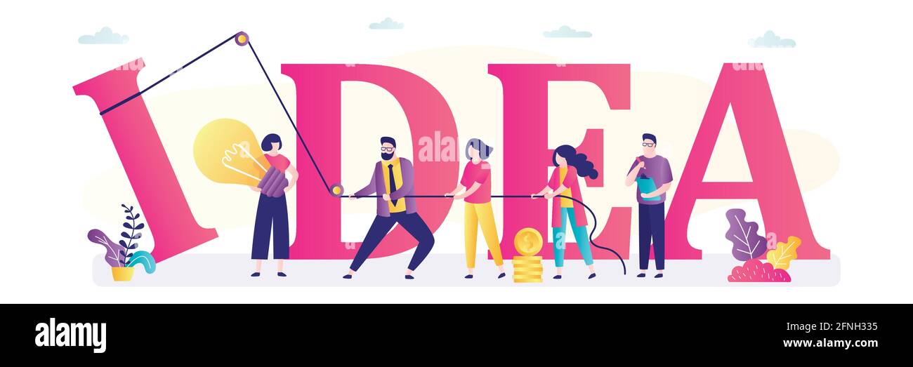 Squadra di affari con le lettere di sollevamento di corda. Grande testo- idea. Innovazione, creatività nel business. Persone in ufficio che lavorano insieme. Lavoro di squadra e brainstorming. Illustrazione Vettoriale