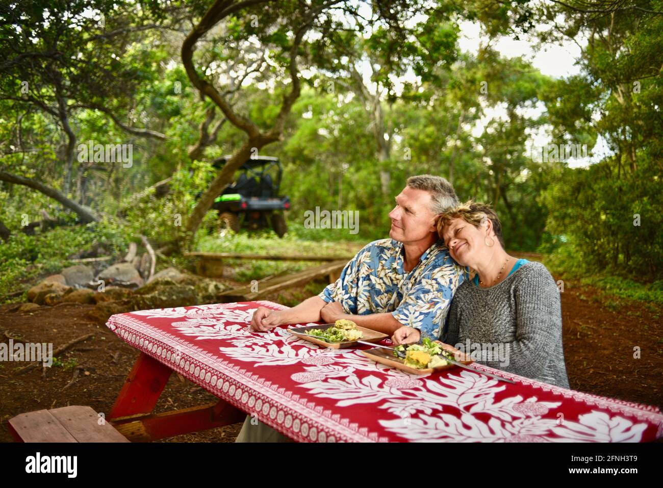 Coppia sposata seduta al tavolo da picnic con una romantica cena al sacco sulla cima di una collina al ranch di armi da fuoco al tramonto, Laie, Oahu, Hawaii, USA Foto Stock