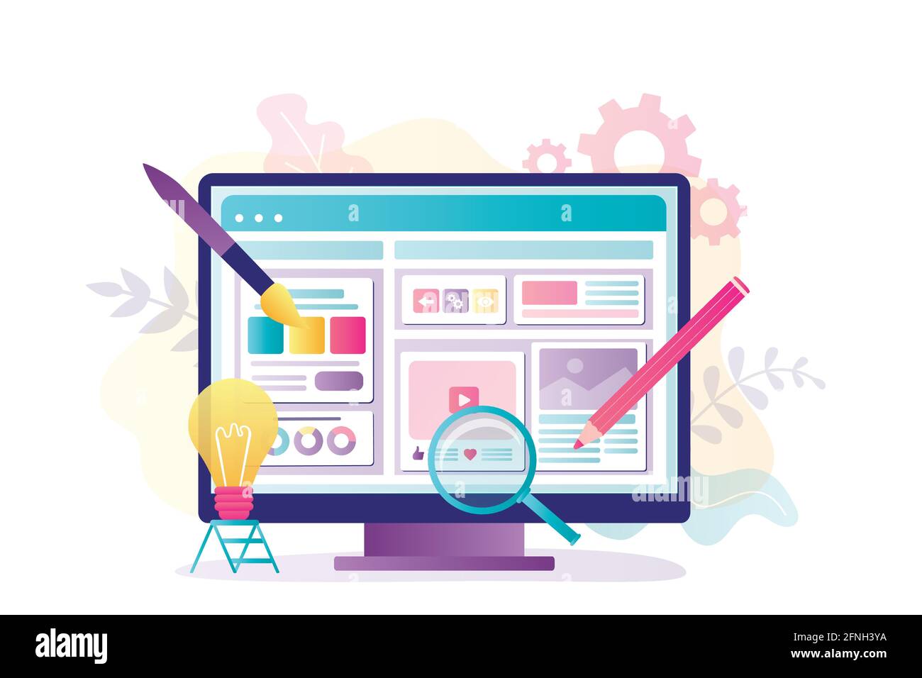Sviluppo di siti web. Processo di creatività. Nuova idea, creazione di un negozio online o blog. Copywriting, caricamento di contenuti multimediali su una pagina Web. Stile alla moda Illustrazione Vettoriale