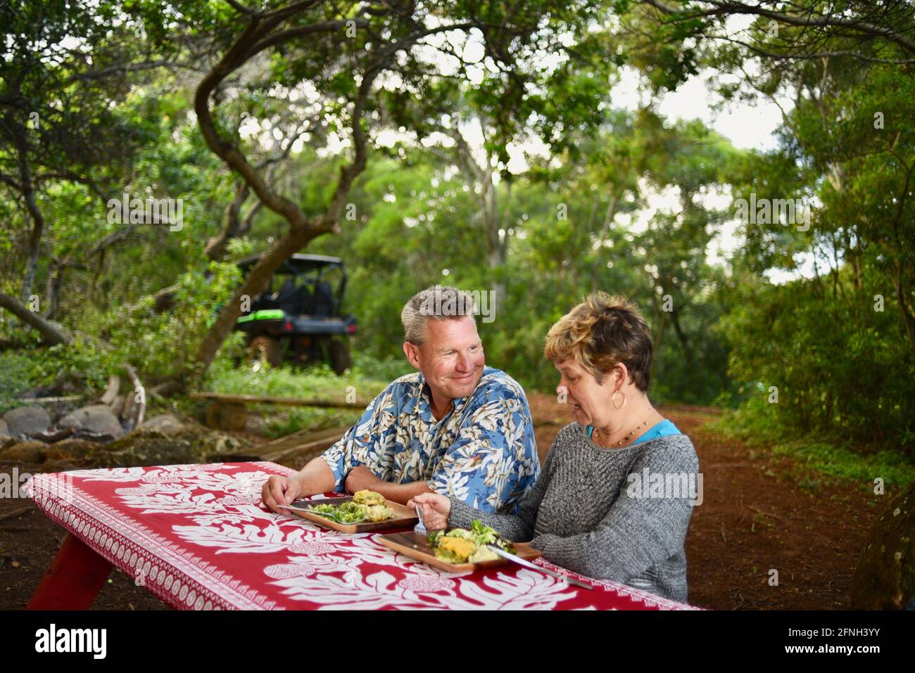 Coppia sposata seduta al tavolo da picnic con una romantica cena al sacco sulla cima di una collina al ranch di armi da fuoco al tramonto, Laie, Oahu, Hawaii, USA Foto Stock