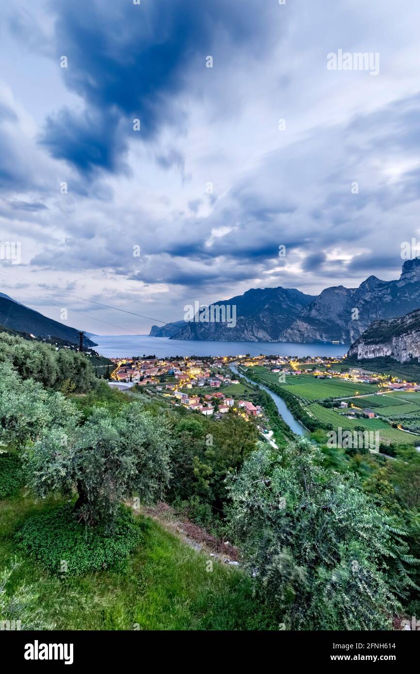 Uliveti sopra il paese di Torbole e il Lago di Garda. Provincia di Trento, Trentino Alto Adige, Italia, Europa. Foto Stock