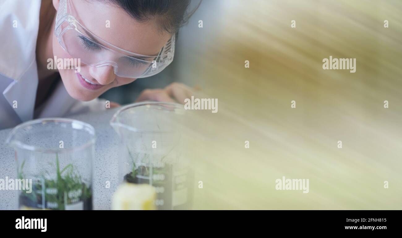 Composizione di scienziato femminile in laboratorio di controllo provette con piante con sfocatura del movimento Foto Stock