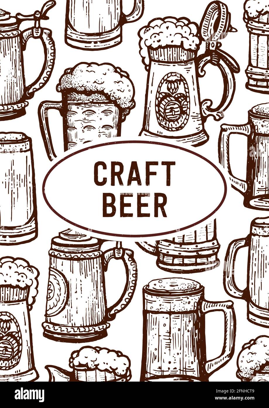 Modello del menu della birra artigianale in stile incisione vintage. Incisione retro birreria. Birra artigianale birreria locale. Pinta di birra schizzo di inchiostro disegnato a mano. Illustrazione. Foto Stock