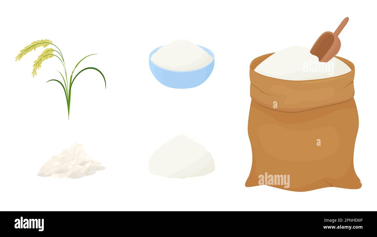 Sacchetto di farina di riso e misurino isolato su fondo bianco. Illustrazione vettoriale di farina di cereali biologici in cartone animato semplice stile piatto. Illustrazione Vettoriale