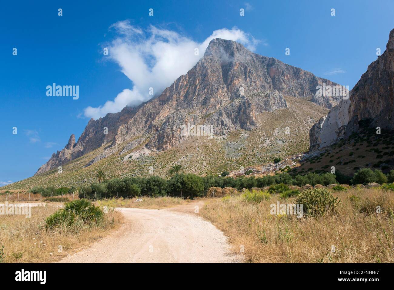 Custonaci, Trapani, Sicilia, Italia. Vista lungo un percorso polveroso tra i campi fino all'imponente parete sud del Monte cofano. Foto Stock