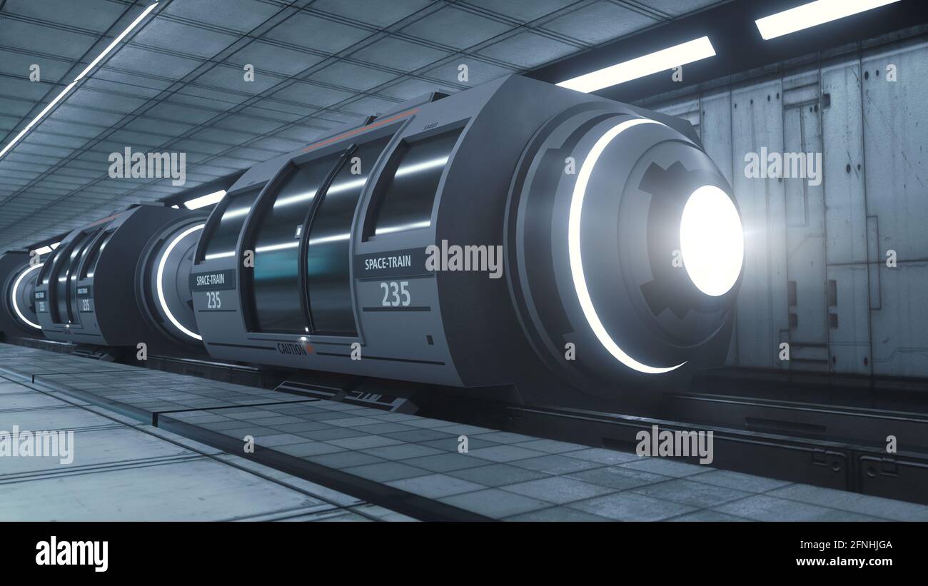 rendering 3d. Concetto futuristico di treno spaziale Foto Stock