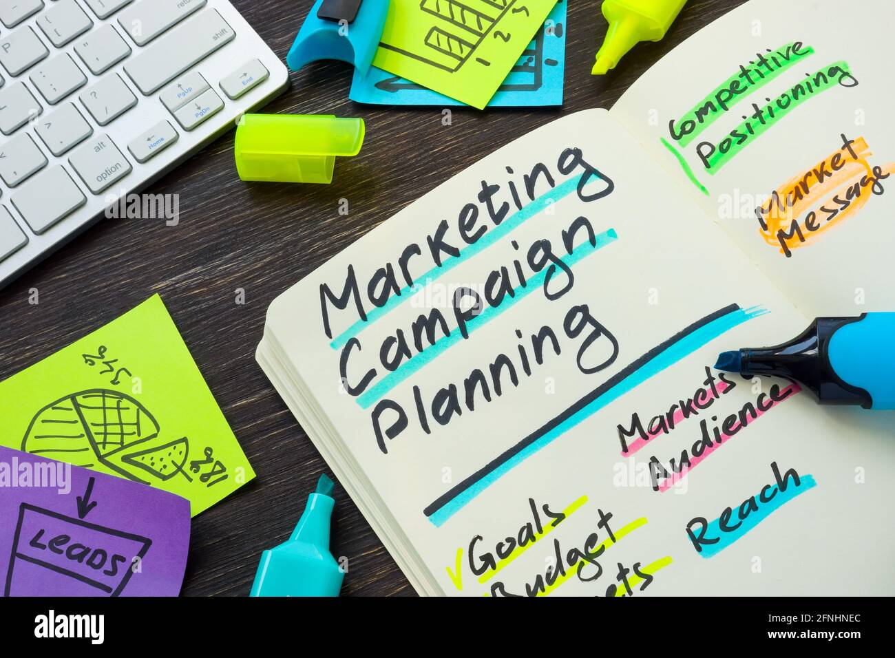 Pianificazione della campagna di marketing sulle pagine del blocco note. Foto Stock