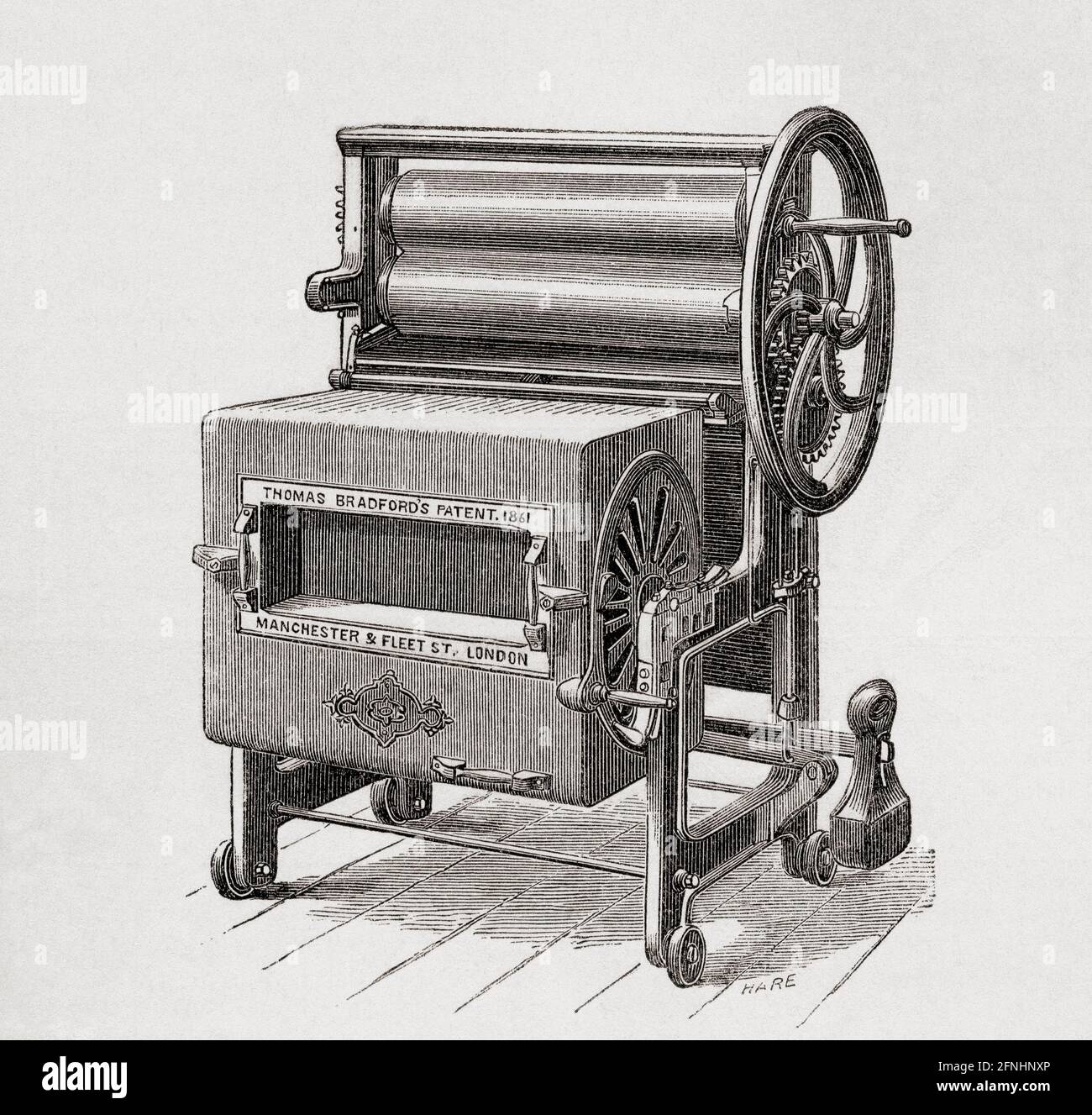 La lavatrice di Thomas Bradford si combina con l'apparecchio di strizzatura e di mangling. Appositamente adattato per l'uso in grandi alberghi e istituzioni pubbliche. Da una breve storia dell'esposizione internazionale del 1862, pubblicato nel 1862. Foto Stock