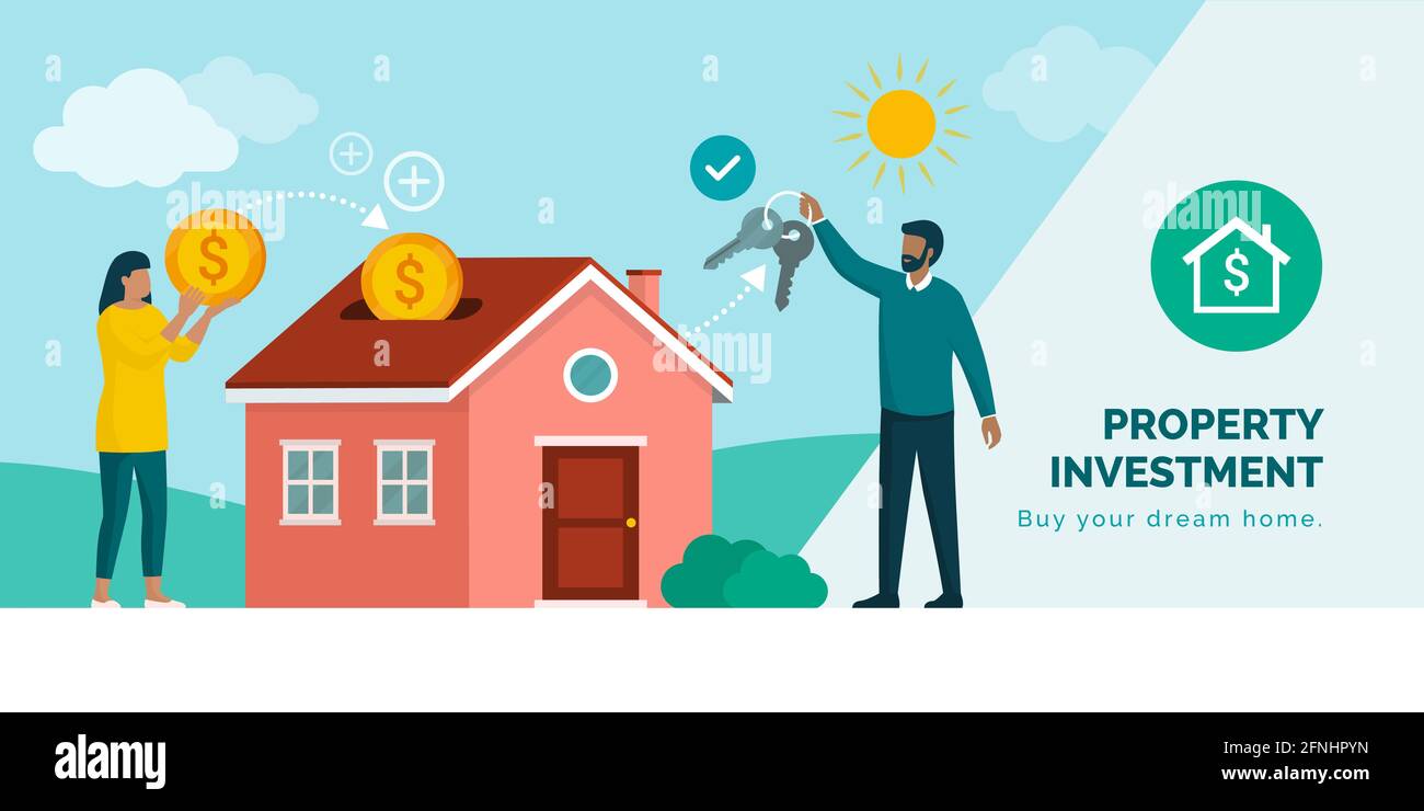 Giovane coppia che acquista una casa e investendo in bene immobile, prestito domestico e concetto di ipoteca Illustrazione Vettoriale