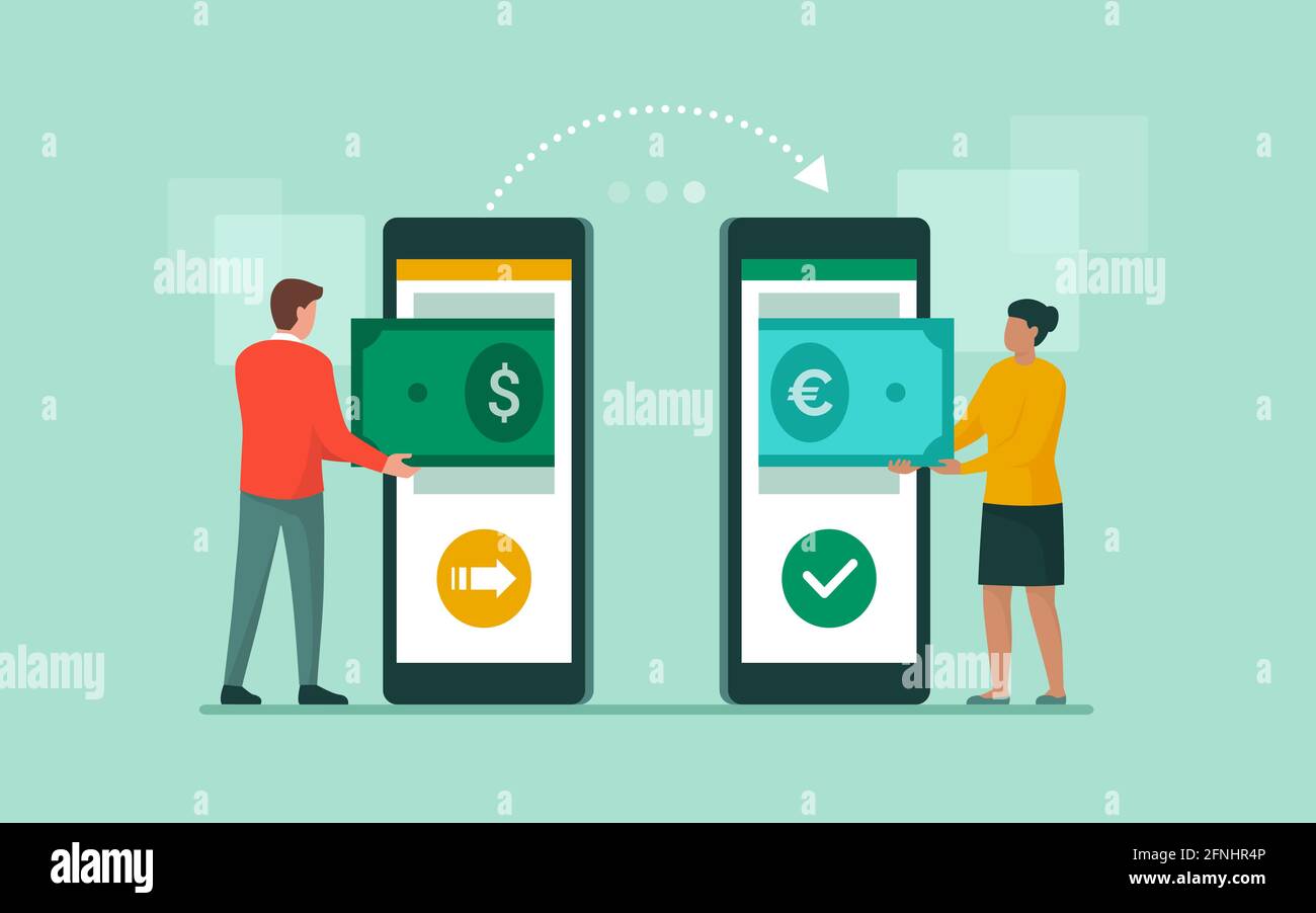 Trasferimento di denaro internazionale e cambio valuta su app bancarie Illustrazione Vettoriale
