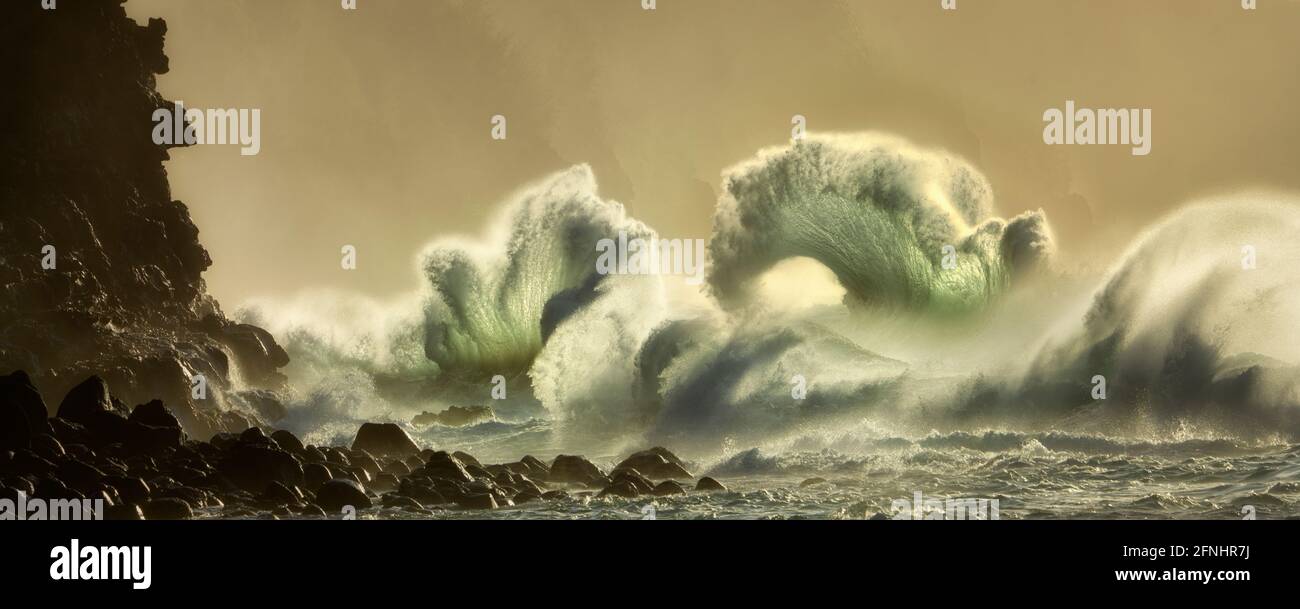 Tempesta onde, al largo di Ke'e Beach, Kauai, Hawaii Foto Stock