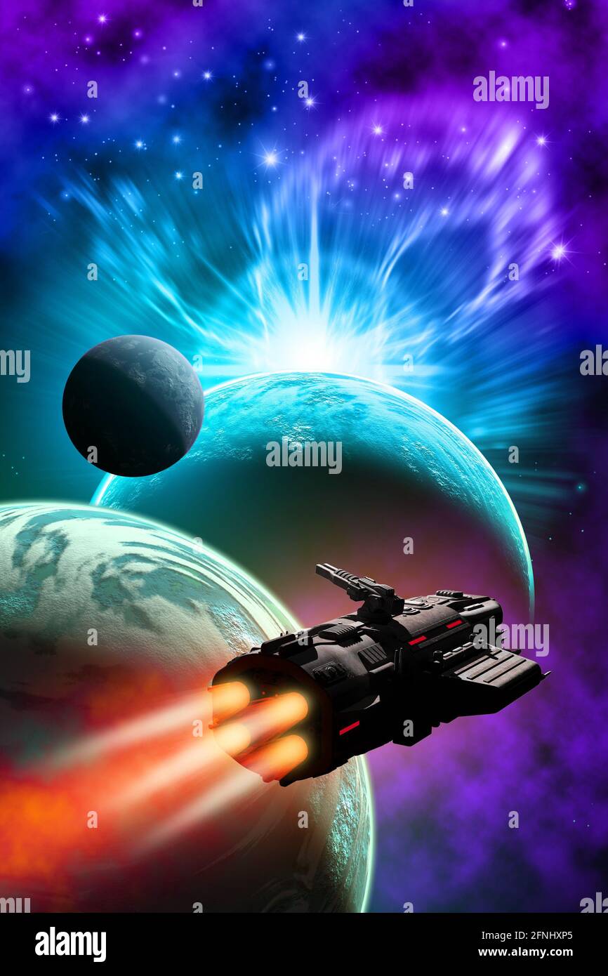 Astronave volare nel sistema planetario alieno, illustrazione 3d Foto Stock