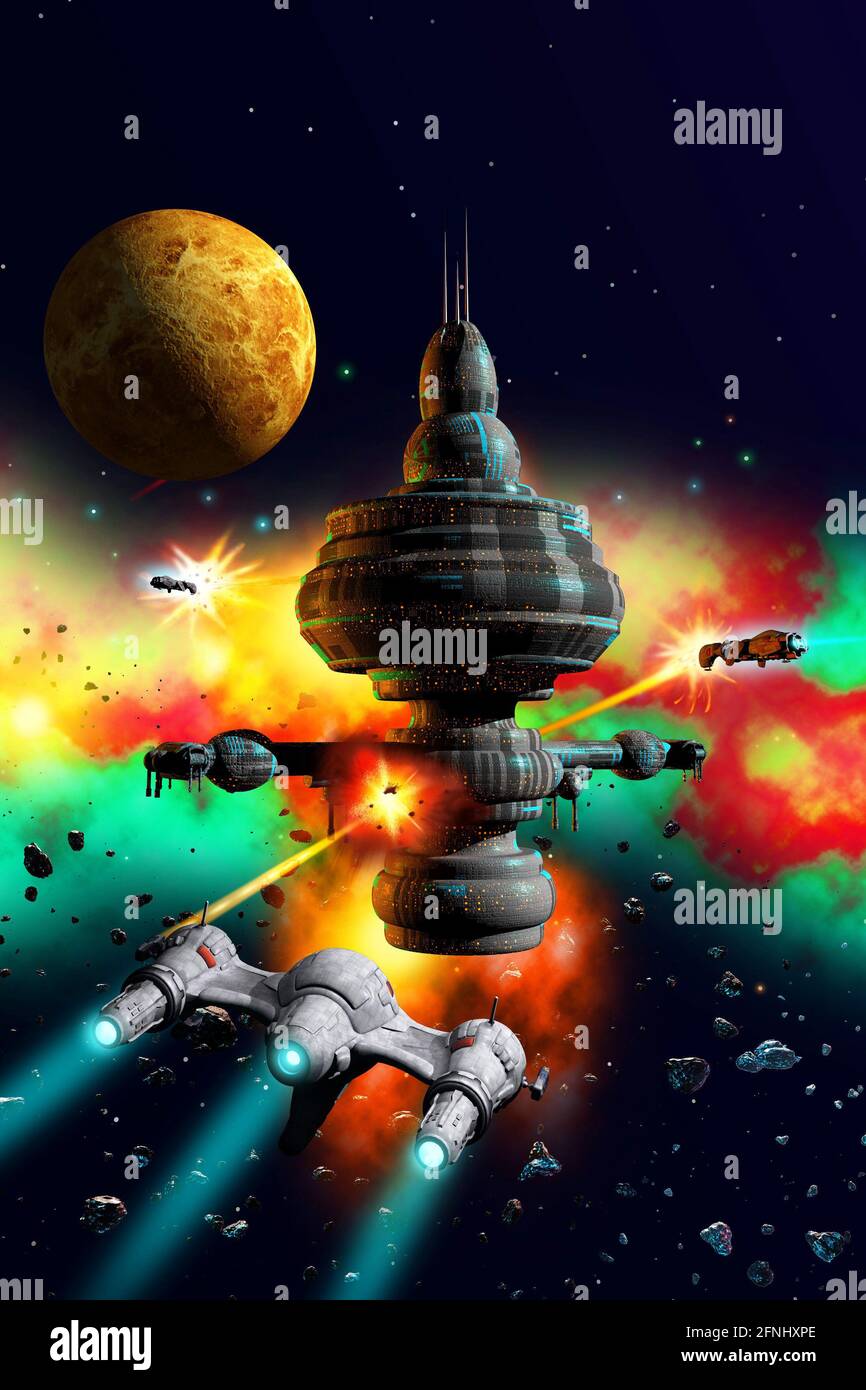 Space Battle, astronavi alieni che attaccano una stazione spaziale, illustrazione 3d Foto Stock