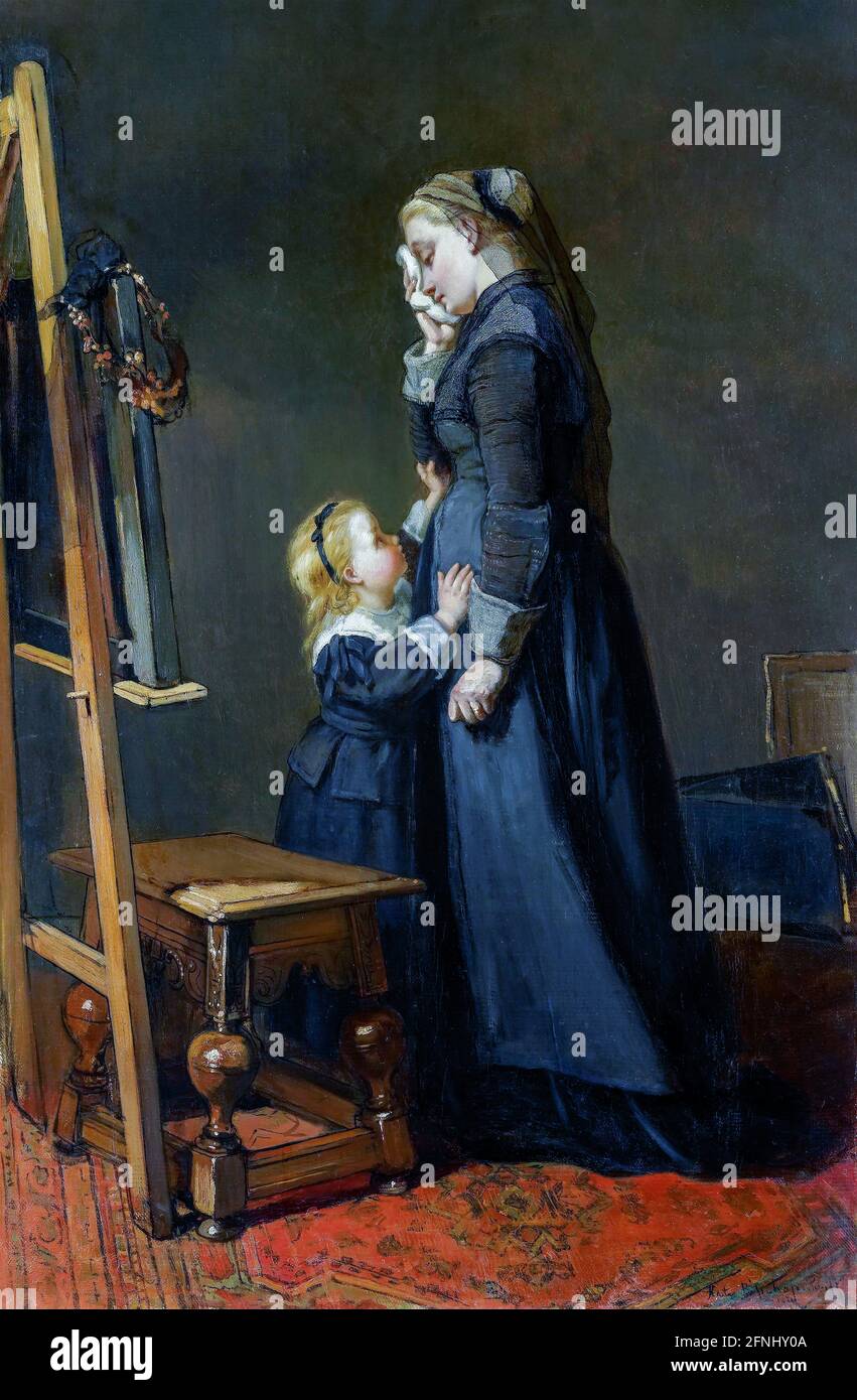 Vedova del pittore. Una donna piangente si trova di fronte ad un cavalletto con un dipinto su di esso. Con lei una giovane ragazza. Foto Stock