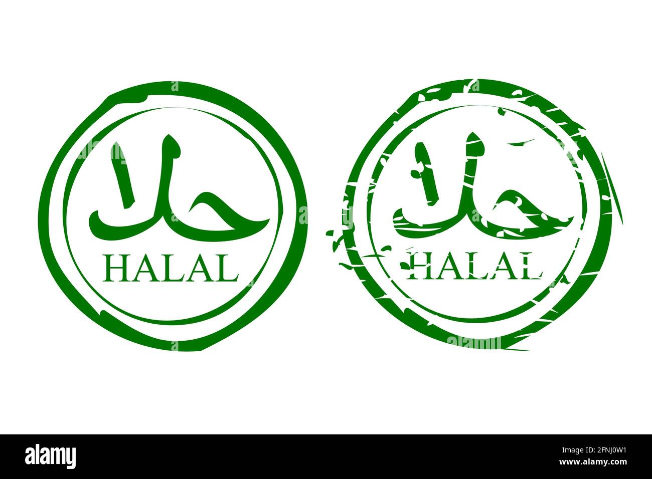 Vector Set due Stylw Green Circle Stamp segno Halal, permesso di mangiare e bere in persone islamiche, pulito e arrugginito, isolato su bianco Illustrazione Vettoriale
