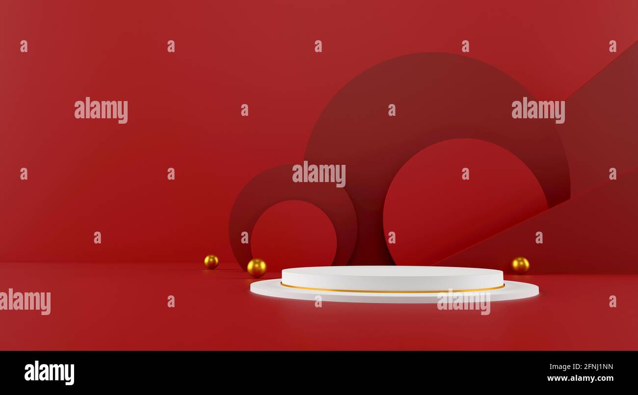 scena minimalista con forme geometriche. display rosso cilindro sul podio e sfera oro o mockup per prodotti con sfondo rosso scuro. spazio per testo. 3D Foto Stock