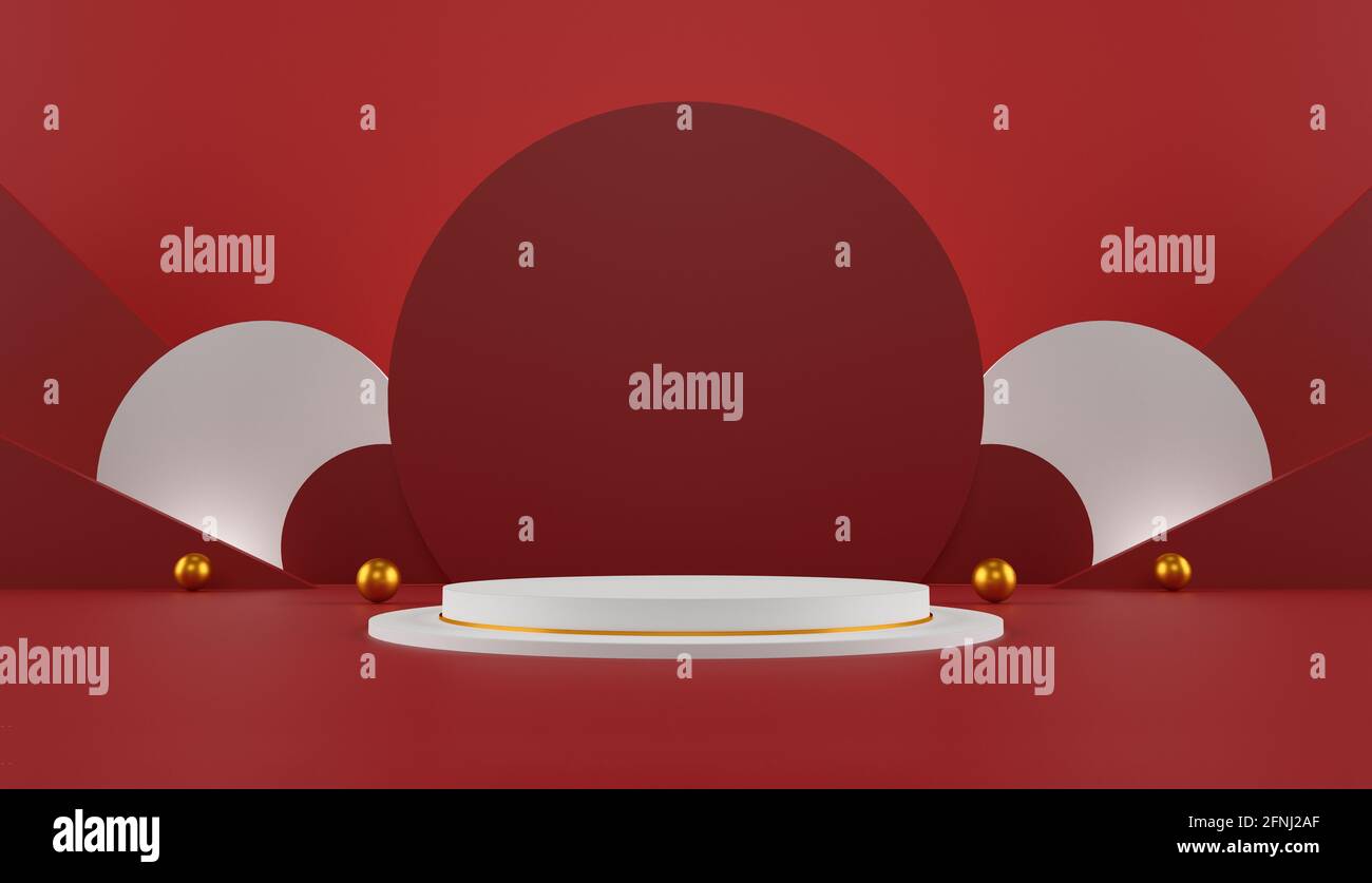 scena minimalista con forme geometriche. display rosso cilindro sul podio e sfera oro o mockup per prodotti con sfondo rosso scuro. spazio per testo. 3D Foto Stock