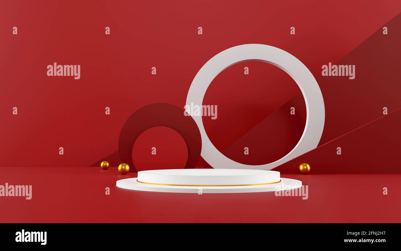 scena minimalista con forme geometriche. display rosso cilindro sul podio e sfera oro o mockup per prodotti con sfondo rosso scuro. spazio per testo. 3D Foto Stock