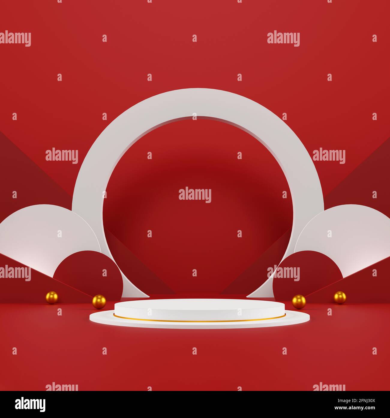 scena minimalista con forme geometriche. display rosso cilindro sul podio e sfera oro o mockup per prodotti con sfondo rosso scuro. spazio per testo. 3D Foto Stock