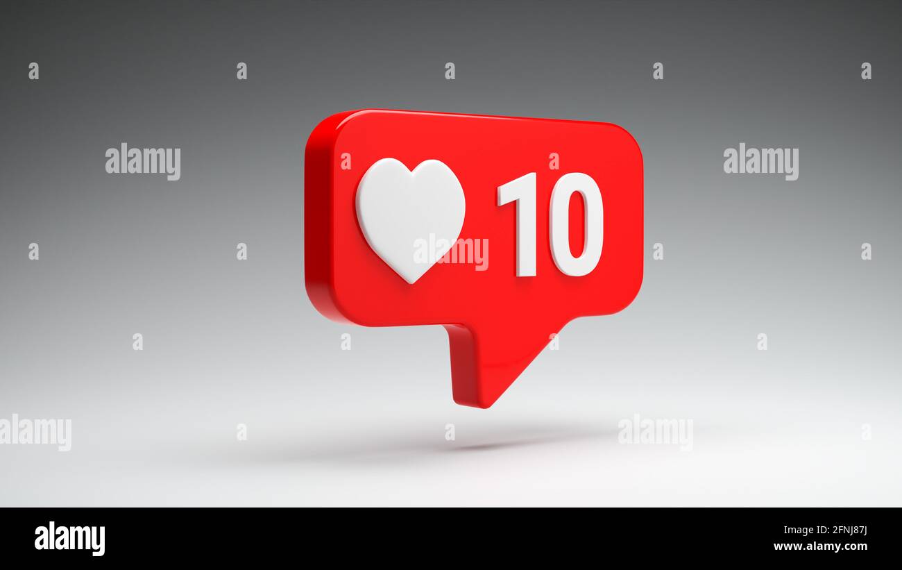 Red Social Media come il pulsante Counter che mostra un cuore bianco e il numero 10 su uno sfondo grigio senza interruzioni. Concetto di social media - alla ricerca di li Foto Stock