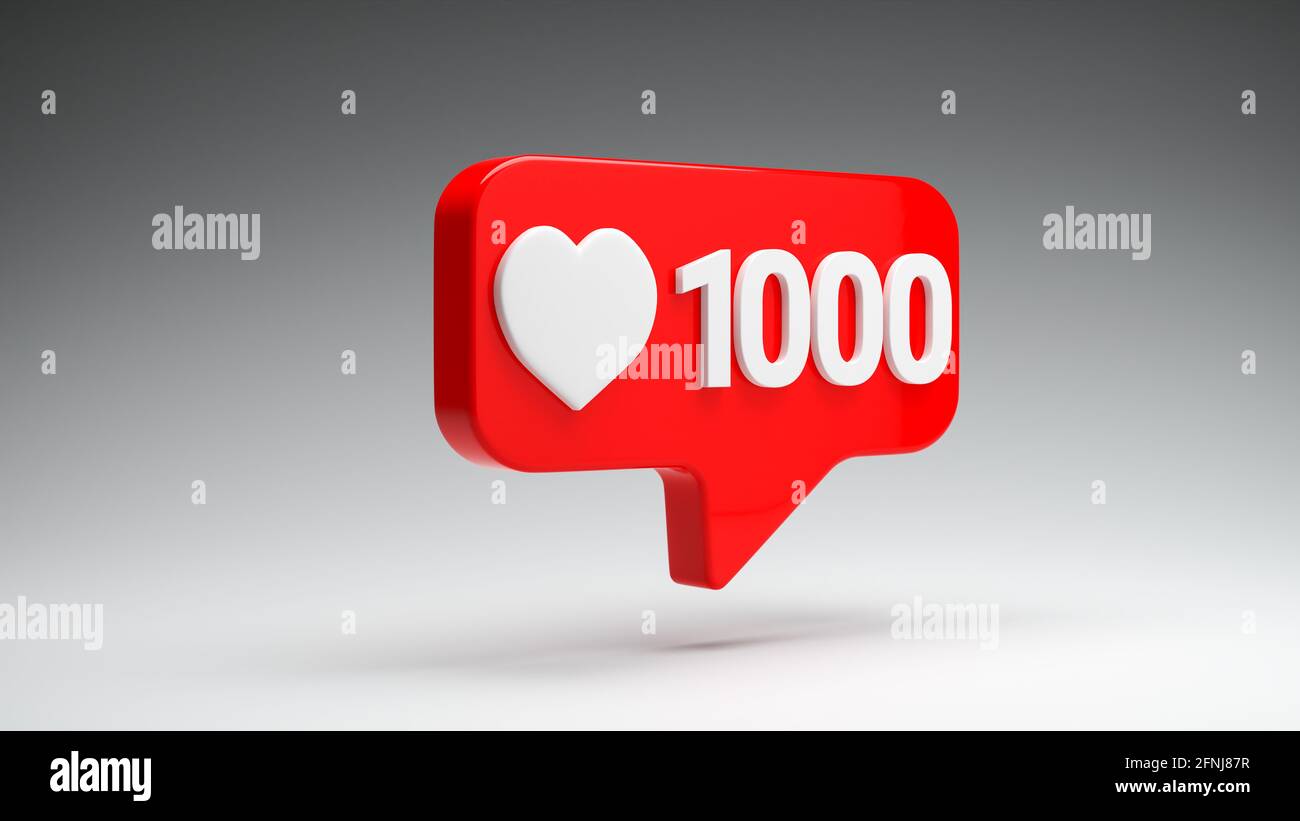 Red Social Media come il pulsante Counter che mostra un cuore bianco e il numero 1000 su uno sfondo grigio senza interruzioni. Concetto di social media - alla ricerca Foto Stock