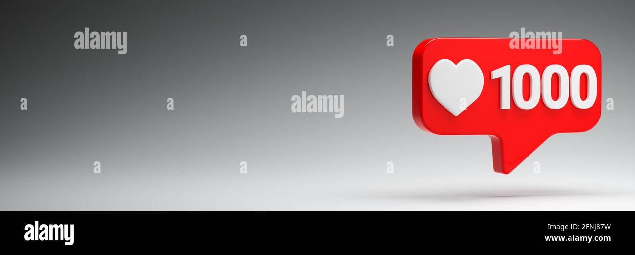 Red Social Media come il pulsante Counter che mostra un cuore bianco e il numero 1000 su uno sfondo grigio senza interruzioni. Concetto di social media - alla ricerca Foto Stock