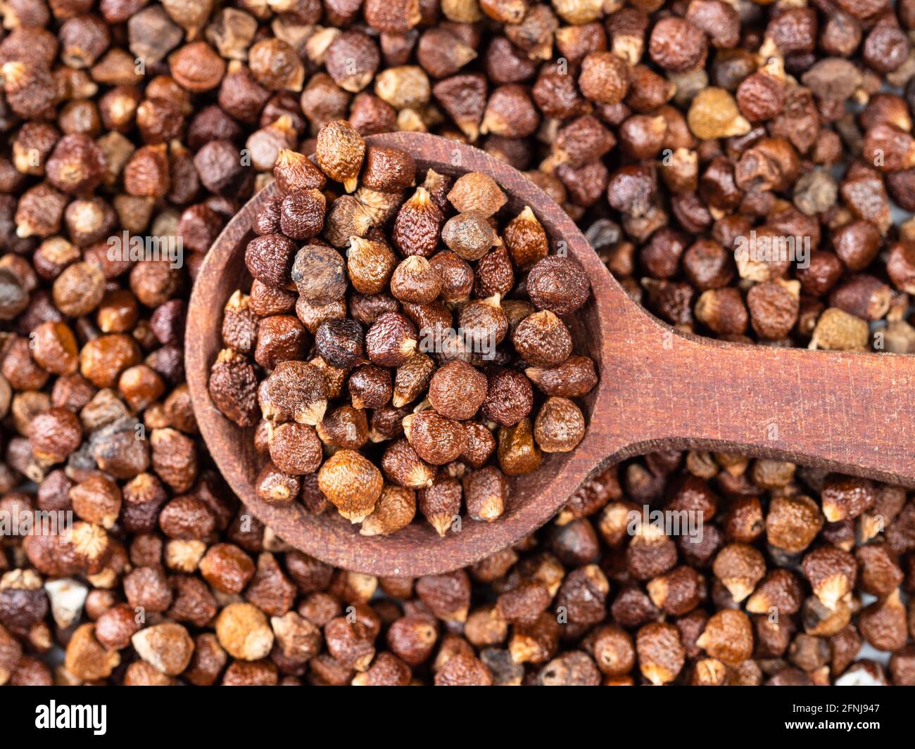 vista dall'alto del cucchiaio di legno sul mucchio di grani di primo piano paradise pepper Foto Stock