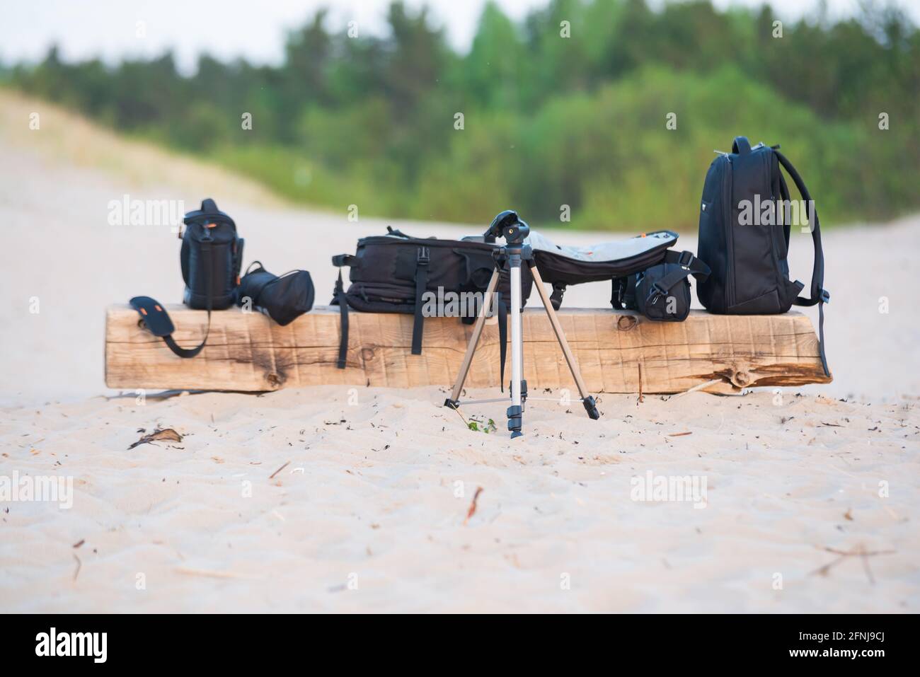 Attrezzatura fotografica - Borsa fotografica, stand sulla riva del mare nella sabbia duna su una panca in legno. Foto Stock