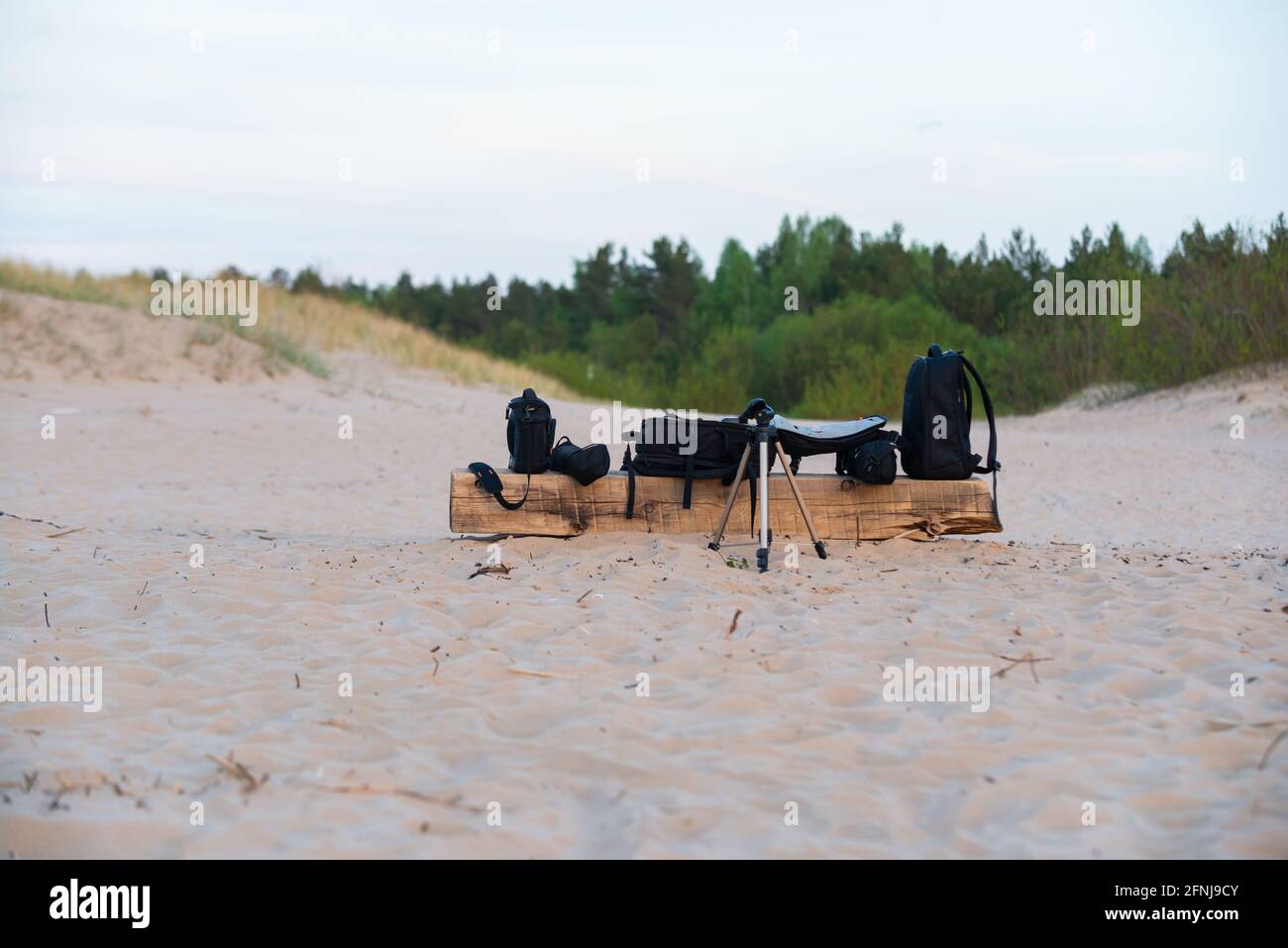 Attrezzatura fotografica - Borsa fotografica, stand sulla riva del mare nella sabbia duna su una panca in legno. Foto Stock