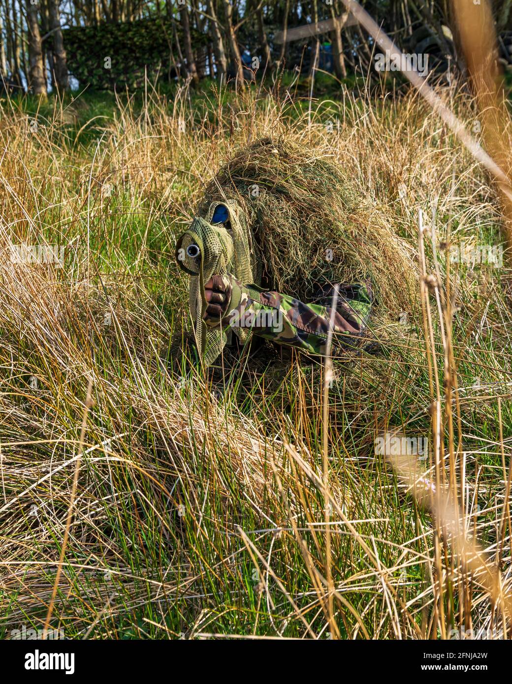 Mimetizzazione Sniper Ghillie Suit Marksman Hiding in erba lunga rilevamento di una posizione nemica durante un gioco di paintball Foto Stock