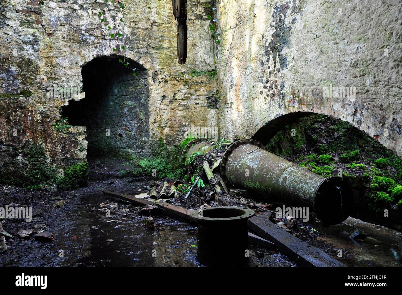 Fornitura di tubi flessibili, rubinetto in turbine, presso la Old Iron Works, Mells, Fussells 'Lower Works.This è un sito biologico di interesse scientifico speciale, nel Wa Foto Stock