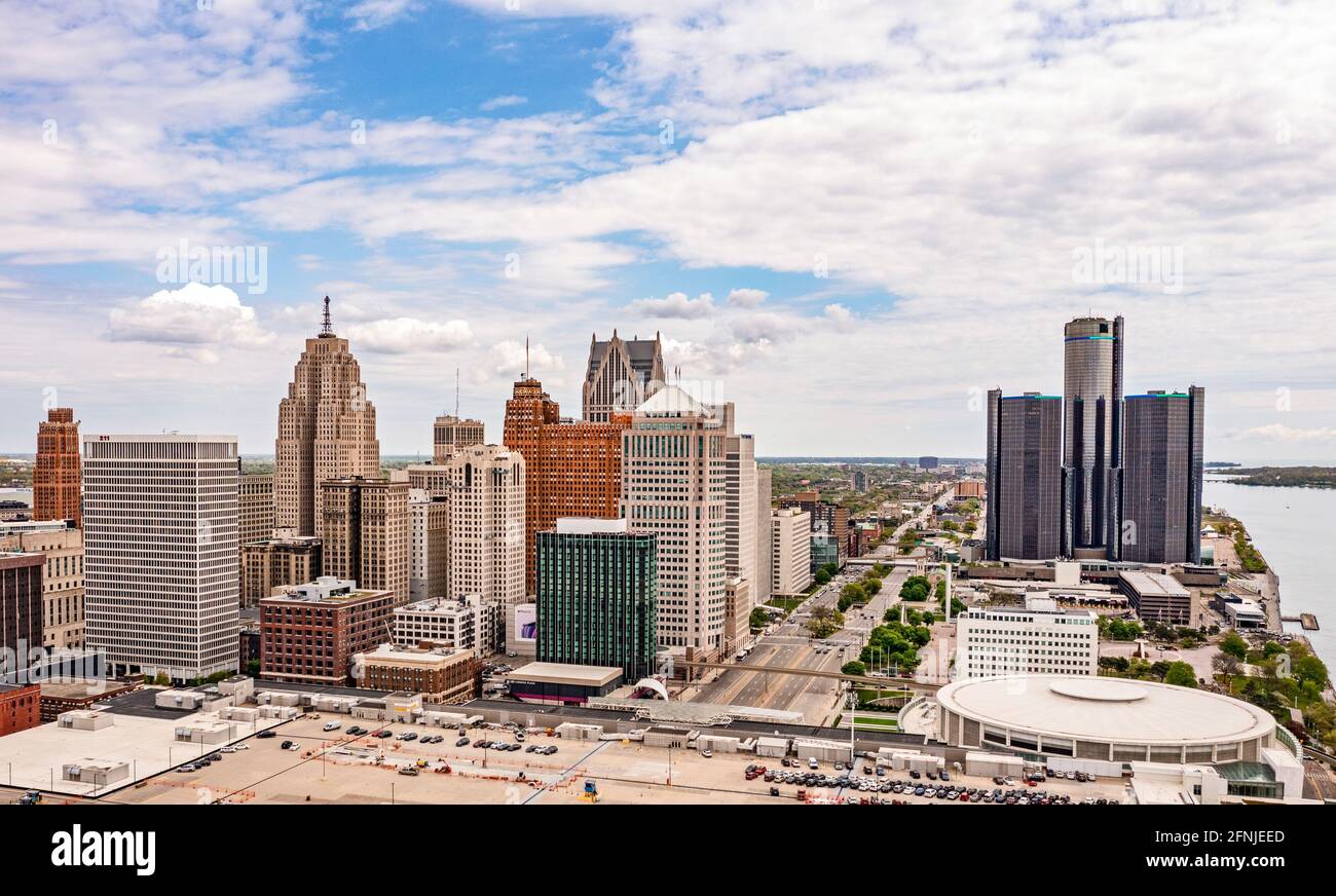 Detroit, Michigan - una vista aerea del centro di Detroit. Foto Stock