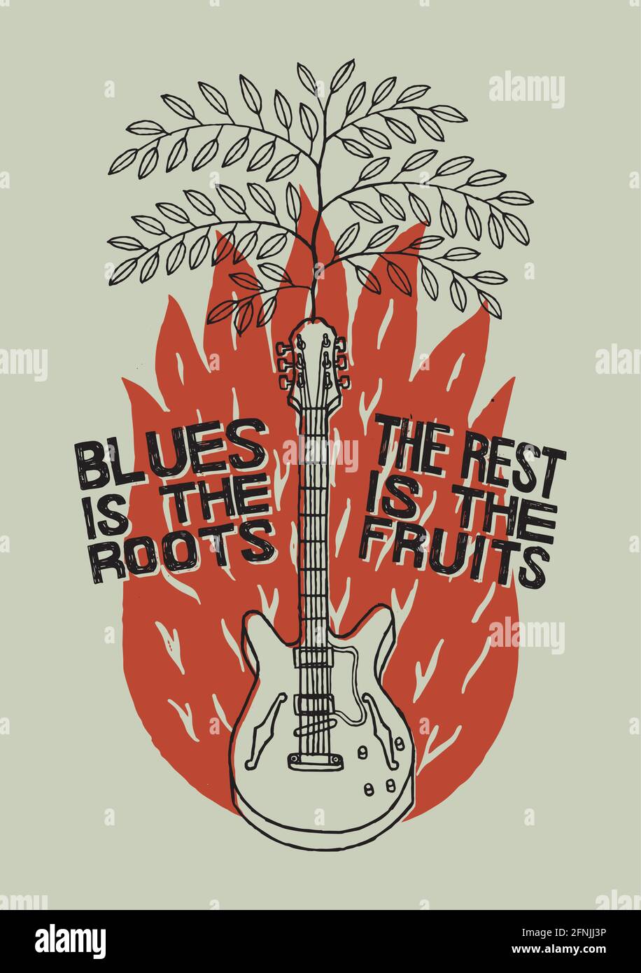 manifesto di musica blues. il blues è le radici - il resto è i frutti. illustrazione di stile primitivo con un albero che cresce da una chitarra e un fuoco rosso. Illustrazione Vettoriale