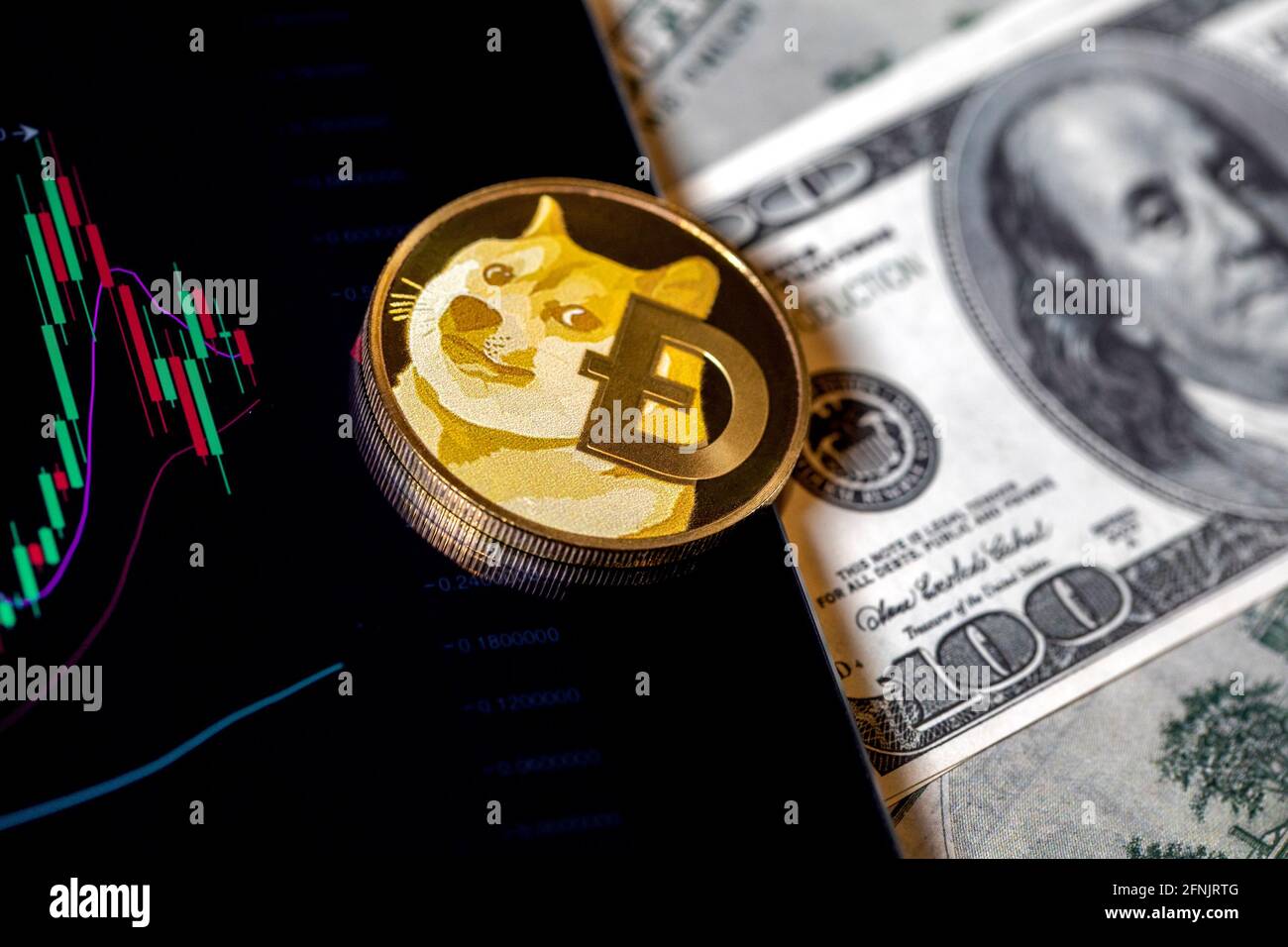 La moneta della criptovaluta della dogecoina sullo sfondo dei dollari americani e le quotazioni di cambio valuta Foto Stock