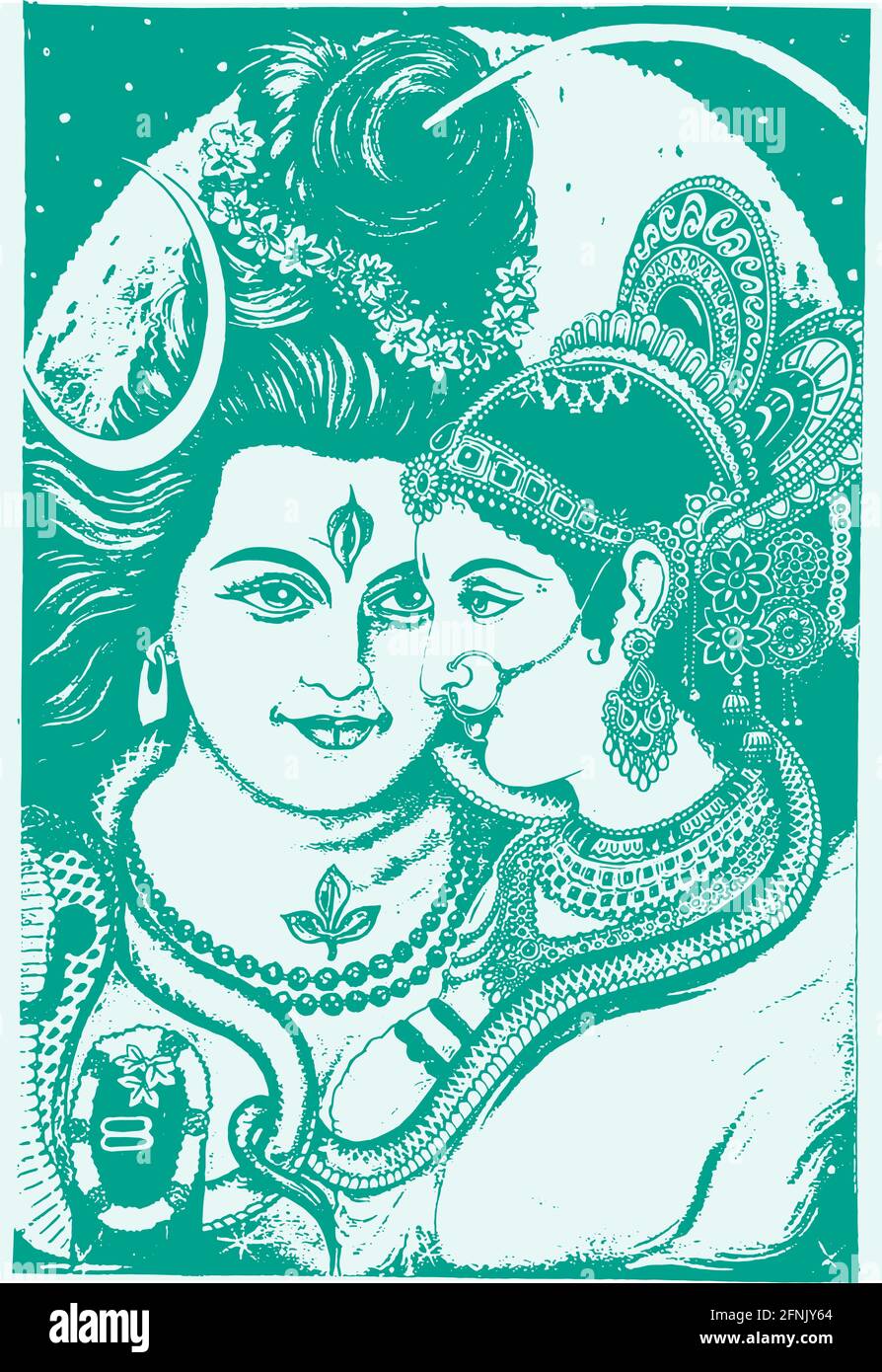 Illustrazione verticale di un disegno di Dio potente indiano Signore Shiva su sfondo verde Foto Stock
