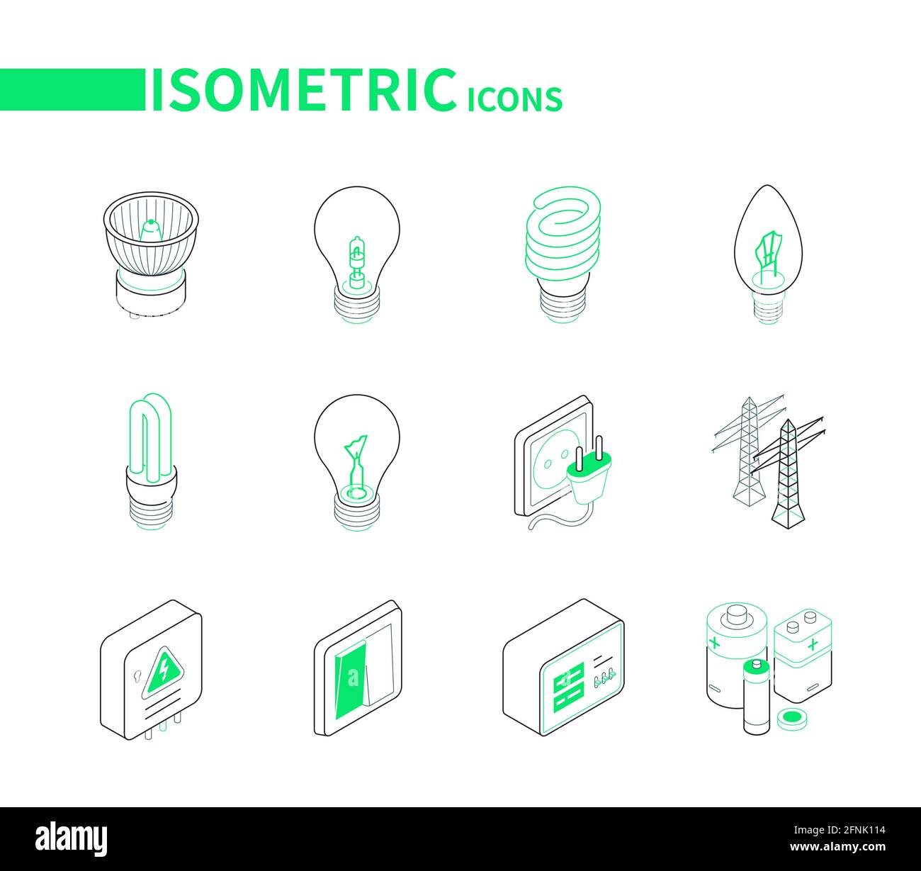 Alimentazioni elettriche - Set di icone isometriche moderne e colorate. Apparecchiature di illuminazione e idea di elettricità. Lampade alogene, fluorescenti, a incandescenza, a LED Illustrazione Vettoriale