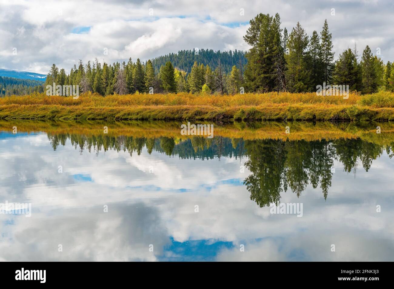Snake River Reflection by Oxbow Bend in autunno, Grand Teton National Park, Wyoming, Stati Uniti d'America, USA. Foto Stock