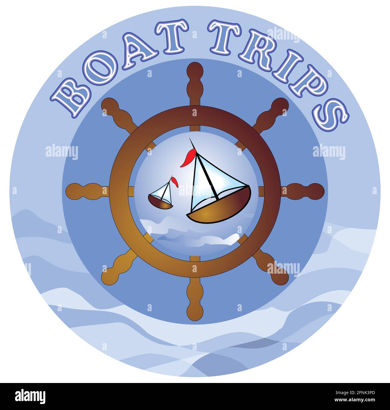 Gite in barca cartellone con navi e timone con onde marine Illustrazione Vettoriale
