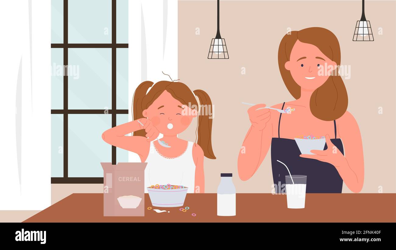 La gente di famiglia felice mangia il cibo di prima colazione illustrazione del vettore. Cartone animato giovane divertente madre, carino ragazza figlia personaggi mangiare sano pasto mattina, seduta a tavola insieme in casa sfondo cucina Illustrazione Vettoriale