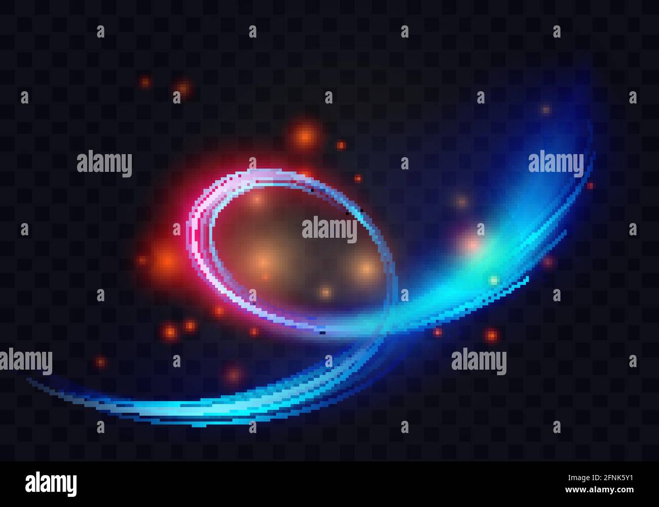Linee e forme della spirale di turbolenza del cerchio chiaro, illustrazione vettoriale astratta dell'effetto energetico. Gli anelli luminosi al neon brillano con una magia volante, particelle luminose e scintillanti su sfondo nero trasparente Illustrazione Vettoriale