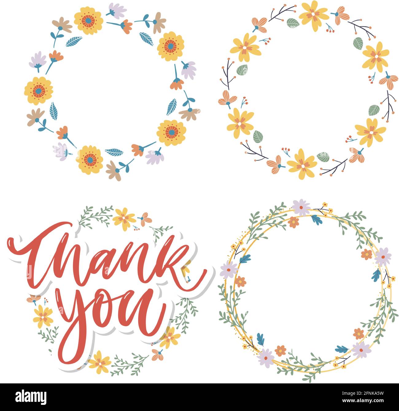 Cute Thank You script carta fiori testo lettera Illustrazione Vettoriale
